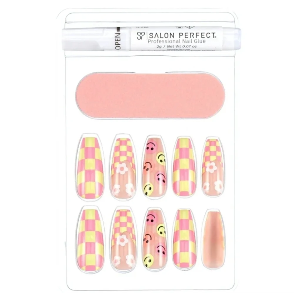 Smiley Checkered Press On Coffin Nails Teeanger Girls Accessories Y2K Gift